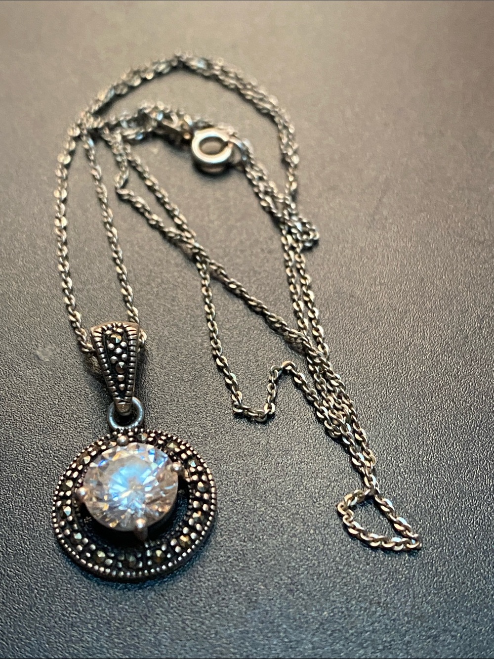 18 Inch 925 Sterling Silver Italy Cubic Zirconia Marcasite Pendant Necklace